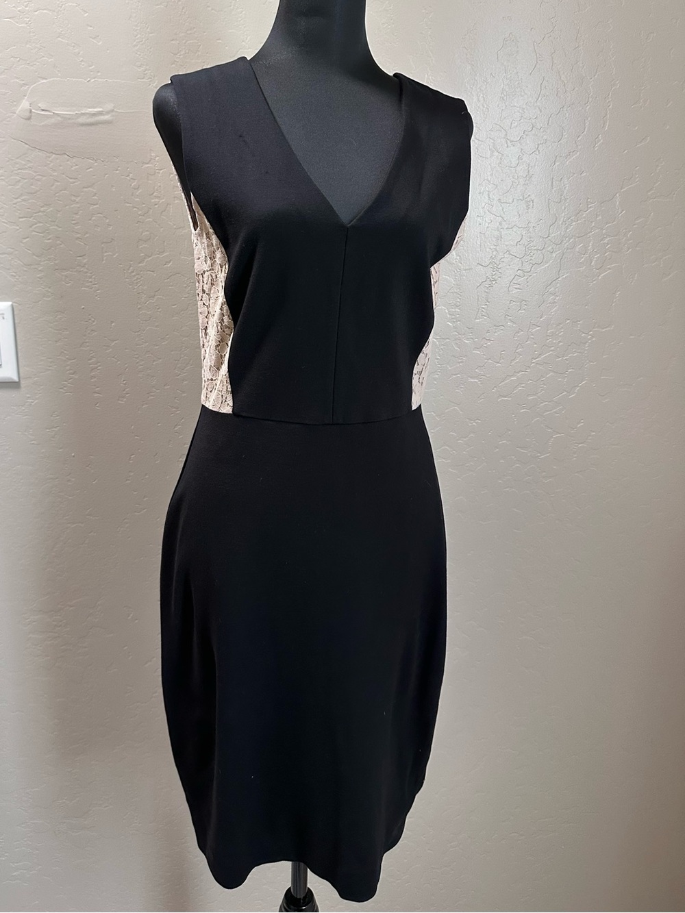 DKNYC Black V-Neck Sheath Dress with Cream Lace Side Panels